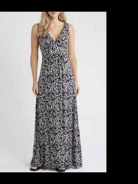 Michael Kors Black and White Printed V-Neck Maxi Dress